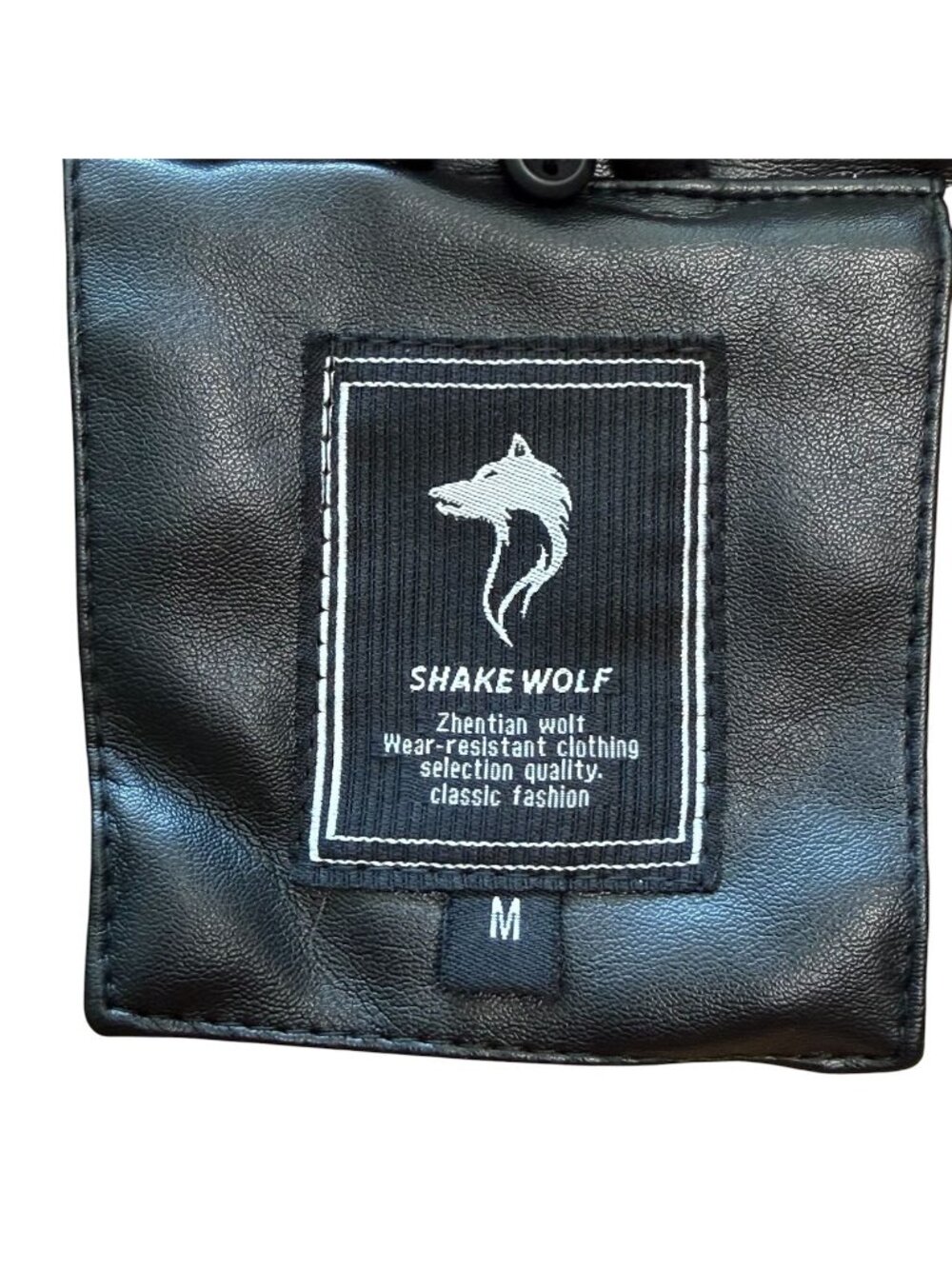 Vintage Shake Wolf Mens Bomber Jacket Faux Leather Black M Flag Lined - Picture 16 of 16